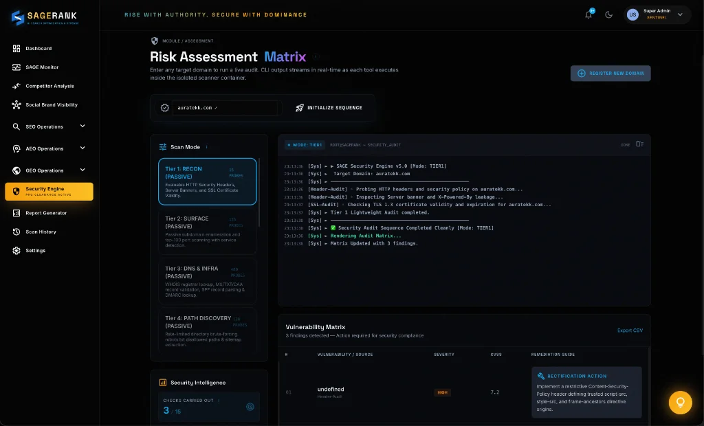 SageRank Risk Assessment Matrix Live Audit Preview